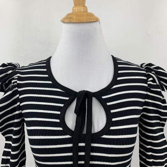 Porridge Top Womens XXS Black White Striped Puff Sleeve Keyhole Anthropologie - Picture 3 of 16
